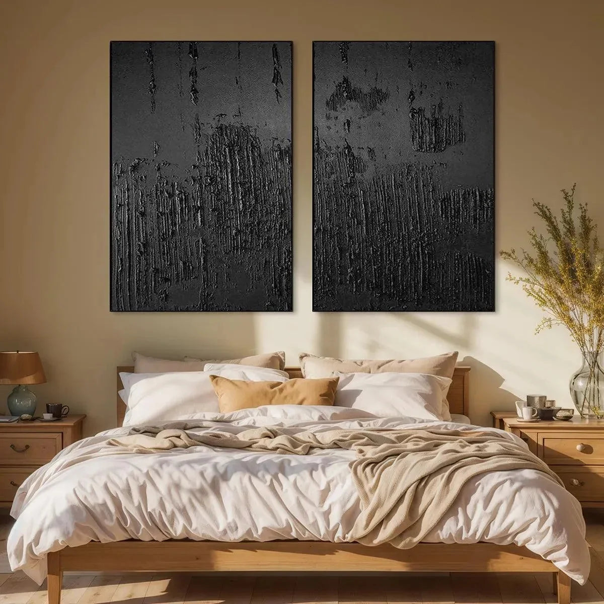 BLACK TEXTURED DIPTYCH: Textured Abstract Painting in Black | textured abstract mood, soft natural light studio shot