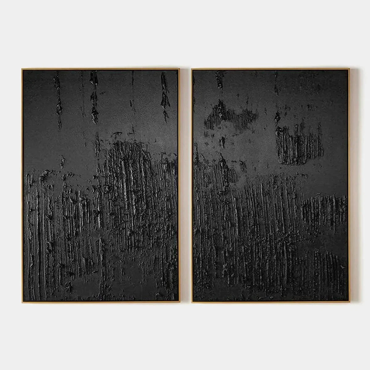 BLACK TEXTURED DIPTYCH: Textured Abstract Painting in Black | hanging in living room, textured abstract wall art