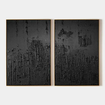 BLACK TEXTURED DIPTYCH: Textured Abstract Painting in Black | hanging in living room, textured abstract wall art