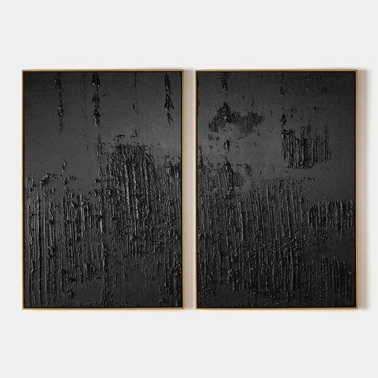 BLACK TEXTURED DIPTYCH: Textured Abstract Painting in Black | hanging in living room, textured abstract wall art