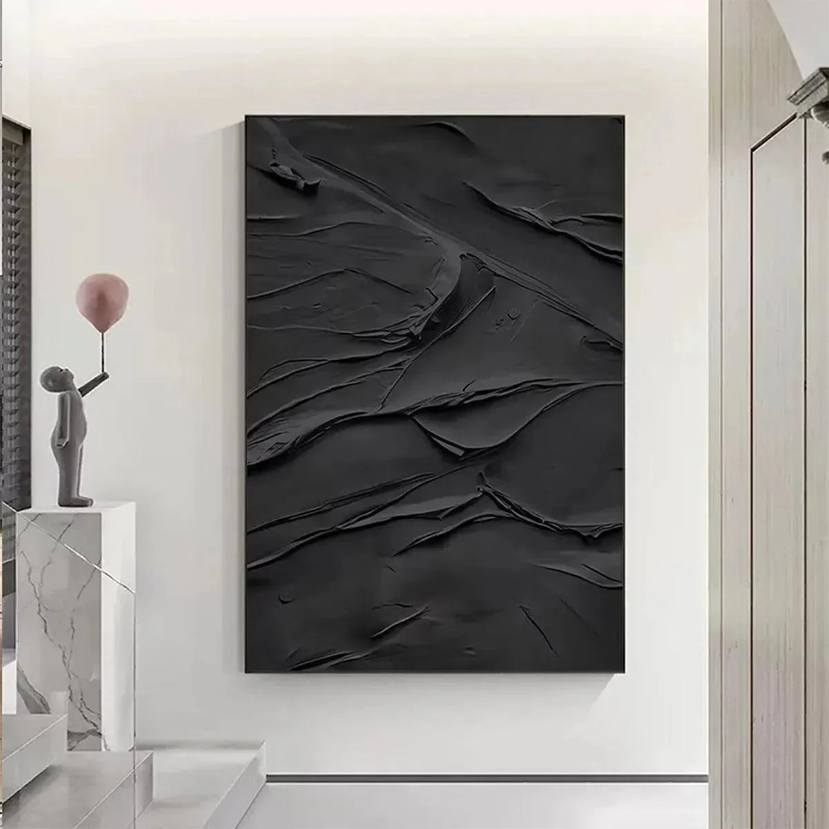 BLACK TEXTURED IMPASTO: Dramatic Black Impasto Painting, Vertical Wall Art | Abstract closeup, raised brushwork detail