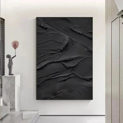BLACK TEXTURED IMPASTO: Dramatic Black Impasto Painting, Vertical Wall Art | Abstract closeup, raised brushwork detail