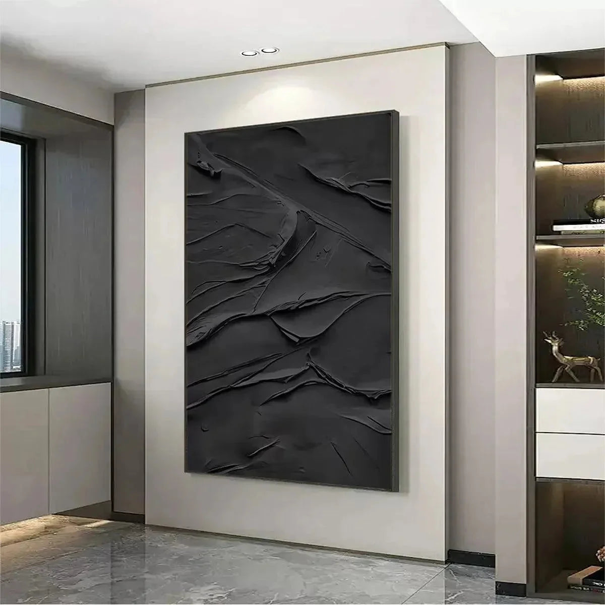 BLACK TEXTURED IMPASTO: Dramatic Black Impasto Painting, Vertical Wall Art | gold frame stretched on neutral wall