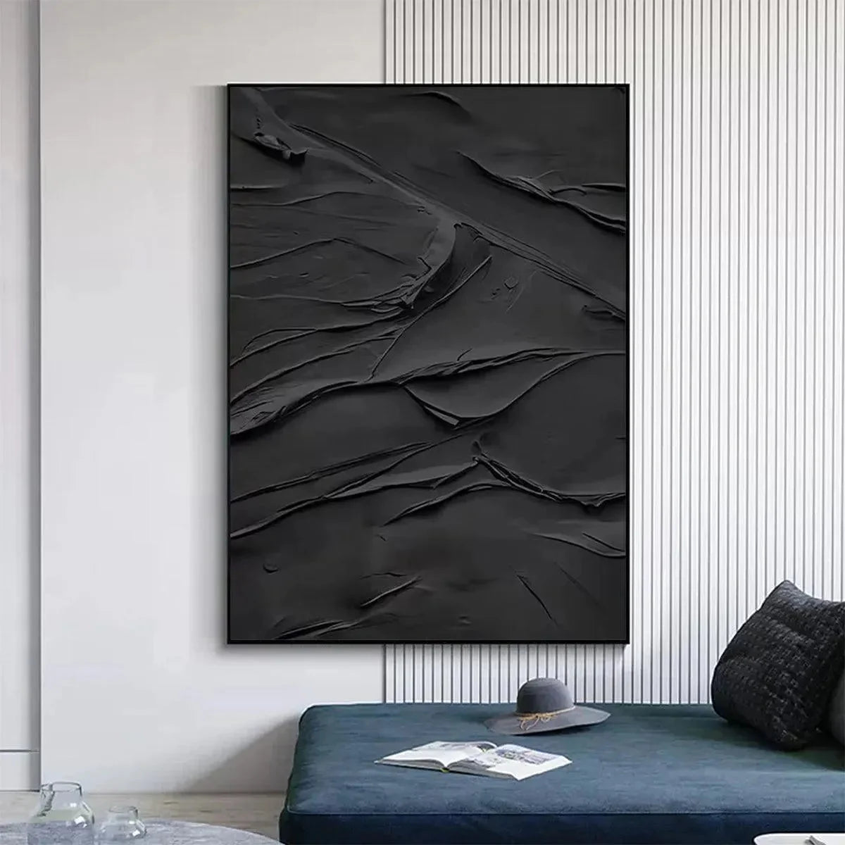 BLACK TEXTURED IMPASTO: Dramatic Black Impasto Painting, Vertical Wall Art | rolled canvas, ready for custom framing