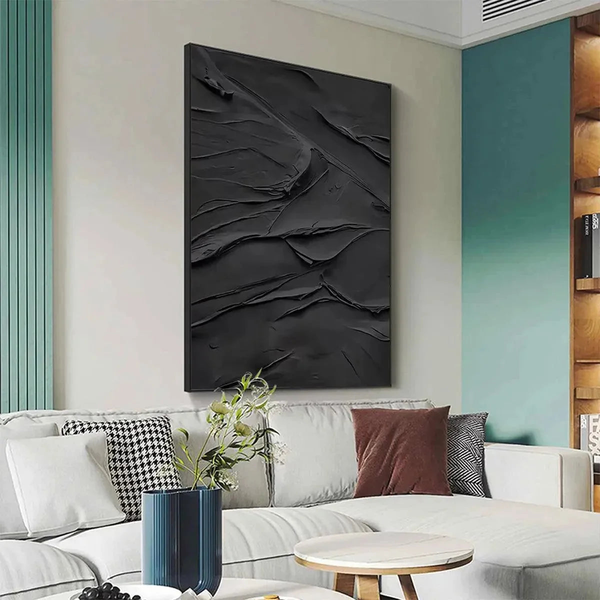 BLACK TEXTURED IMPASTO: Dramatic Black Impasto Painting, Vertical Wall Art | Abstract mood, soft natural light studio shot