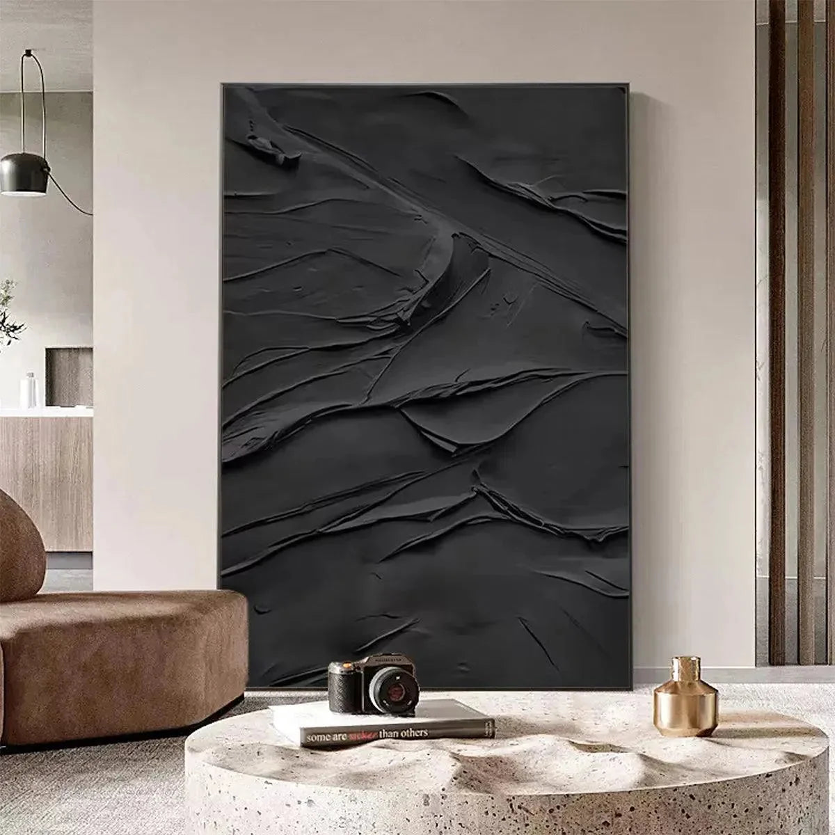 BLACK TEXTURED IMPASTO: Dramatic Black Impasto Painting, Vertical Wall Art | beige palette, original Hand-painted on premium stretched canvas using artist-grade oils; rich layered surface combines ...