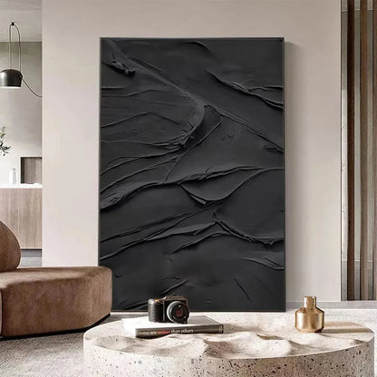 BLACK TEXTURED IMPASTO: Dramatic Black Impasto Painting, Vertical Wall Art | beige palette, original Hand-painted on premium stretched canvas using artist-grade oils; rich layered surface combines ...