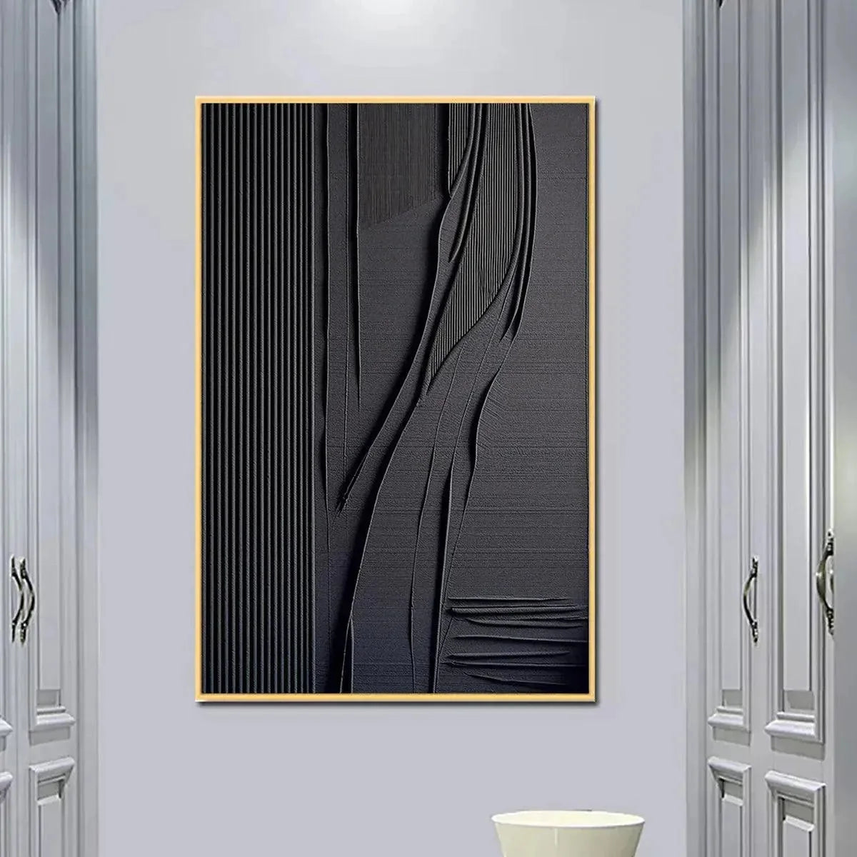 BLACK TEXTURED LINES AND CURVES: Minimalist Textured Painting | minimalist geometric closeup, raised brushwork detail