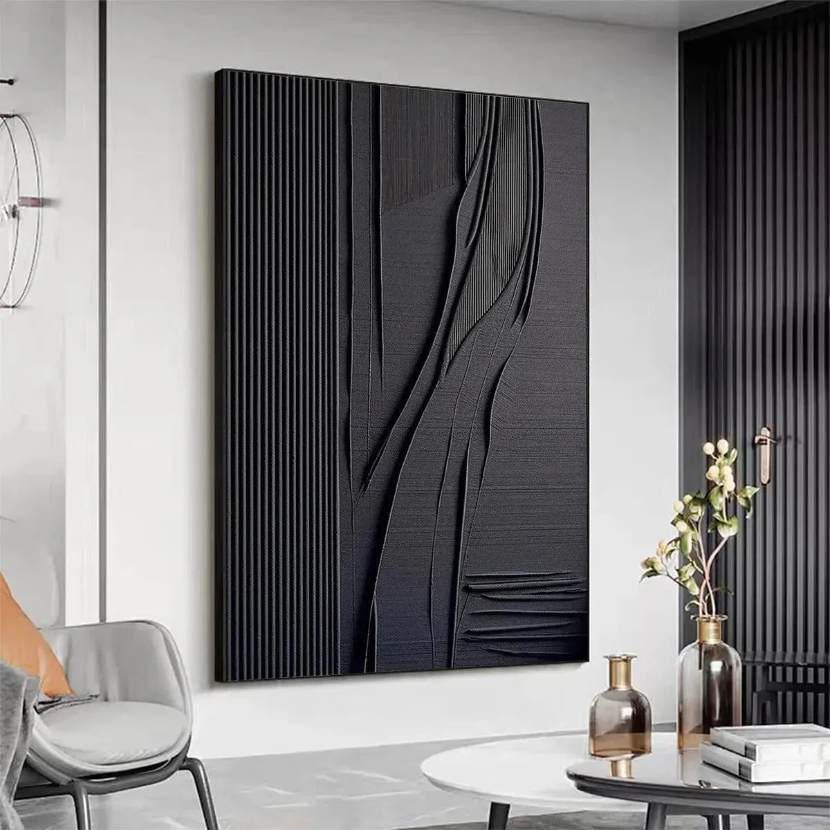 BLACK TEXTURED LINES AND CURVES: Minimalist Textured Painting | rectangular format, hand-painted canvas edge