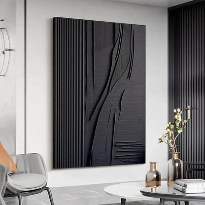 BLACK TEXTURED LINES AND CURVES: Minimalist Textured Painting | rectangular format, hand-painted canvas edge