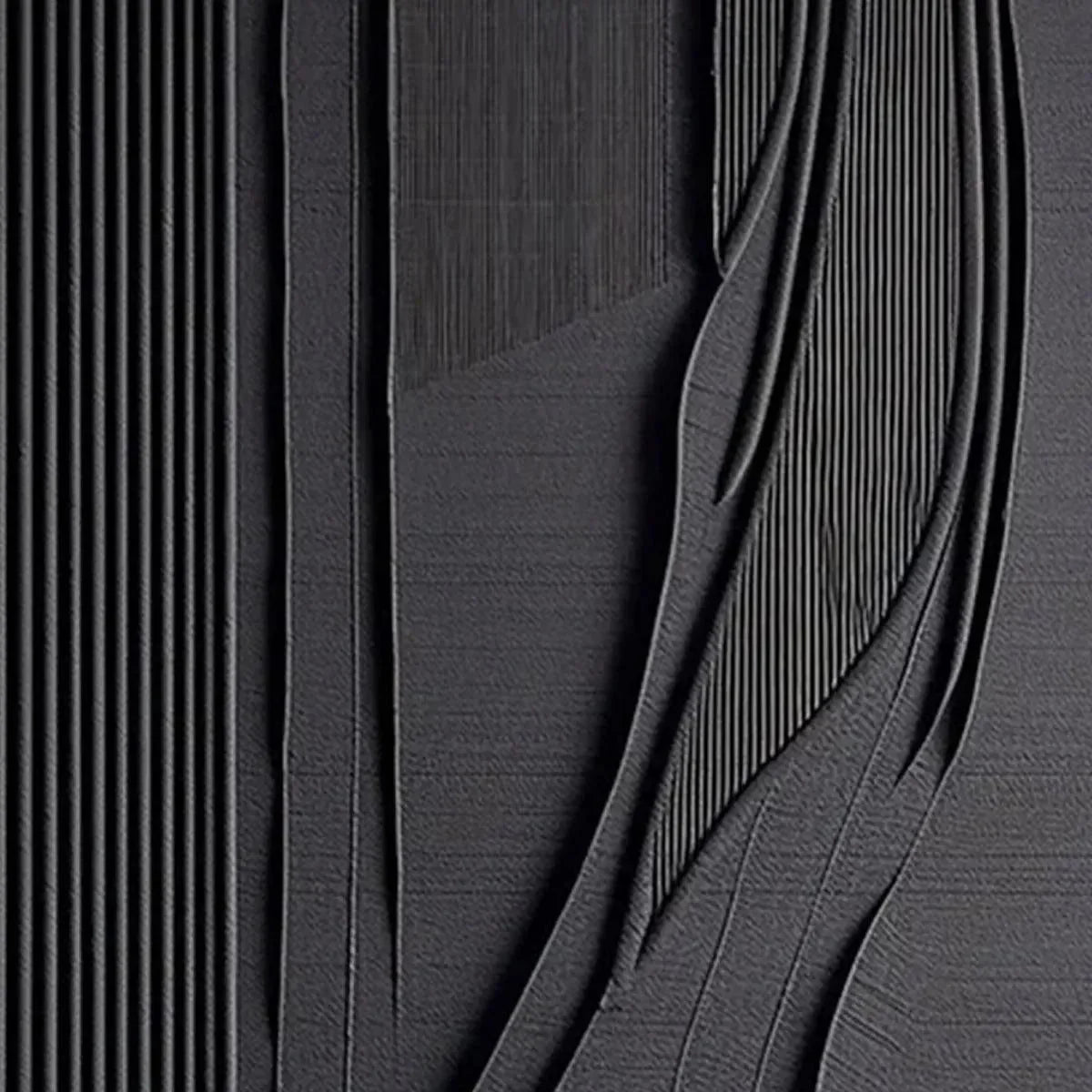 BLACK TEXTURED LINES AND CURVES: Minimalist Textured Painting | gold frame stretched on neutral wall