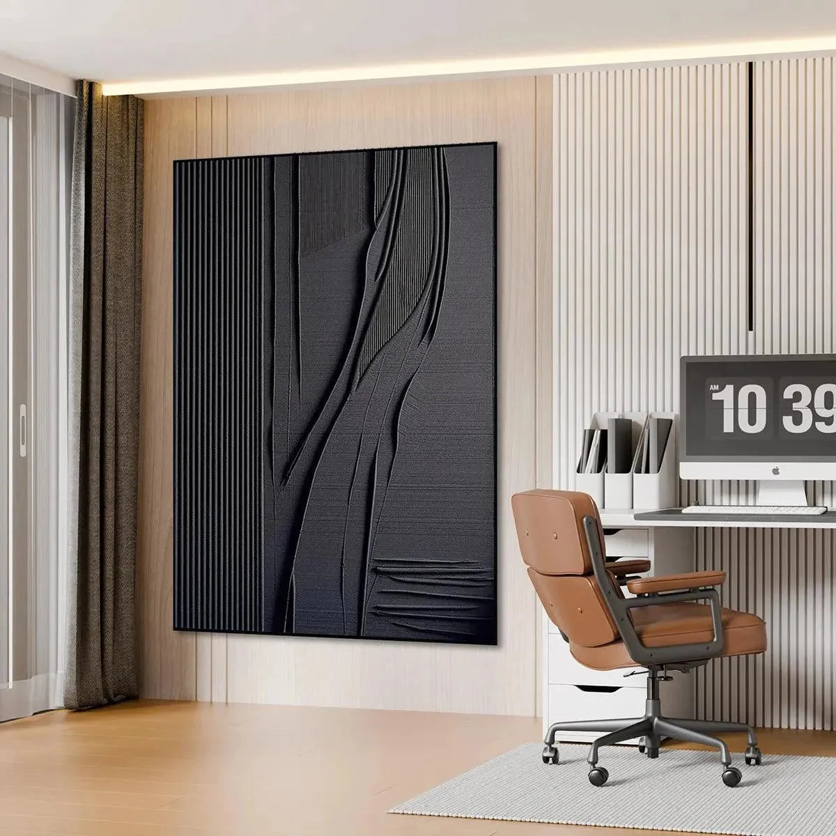 BLACK TEXTURED LINES AND CURVES: Minimalist Textured Painting | rolled canvas, ready for custom framing
