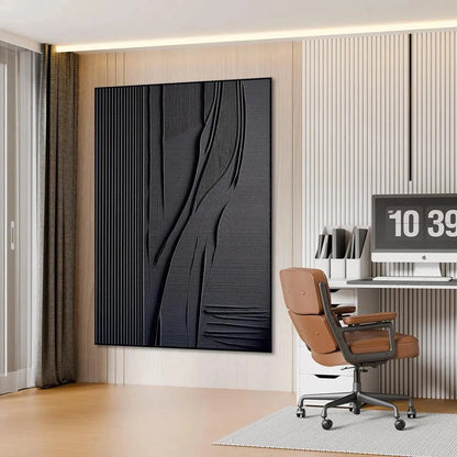 BLACK TEXTURED LINES AND CURVES: Minimalist Textured Painting | rolled canvas, ready for custom framing