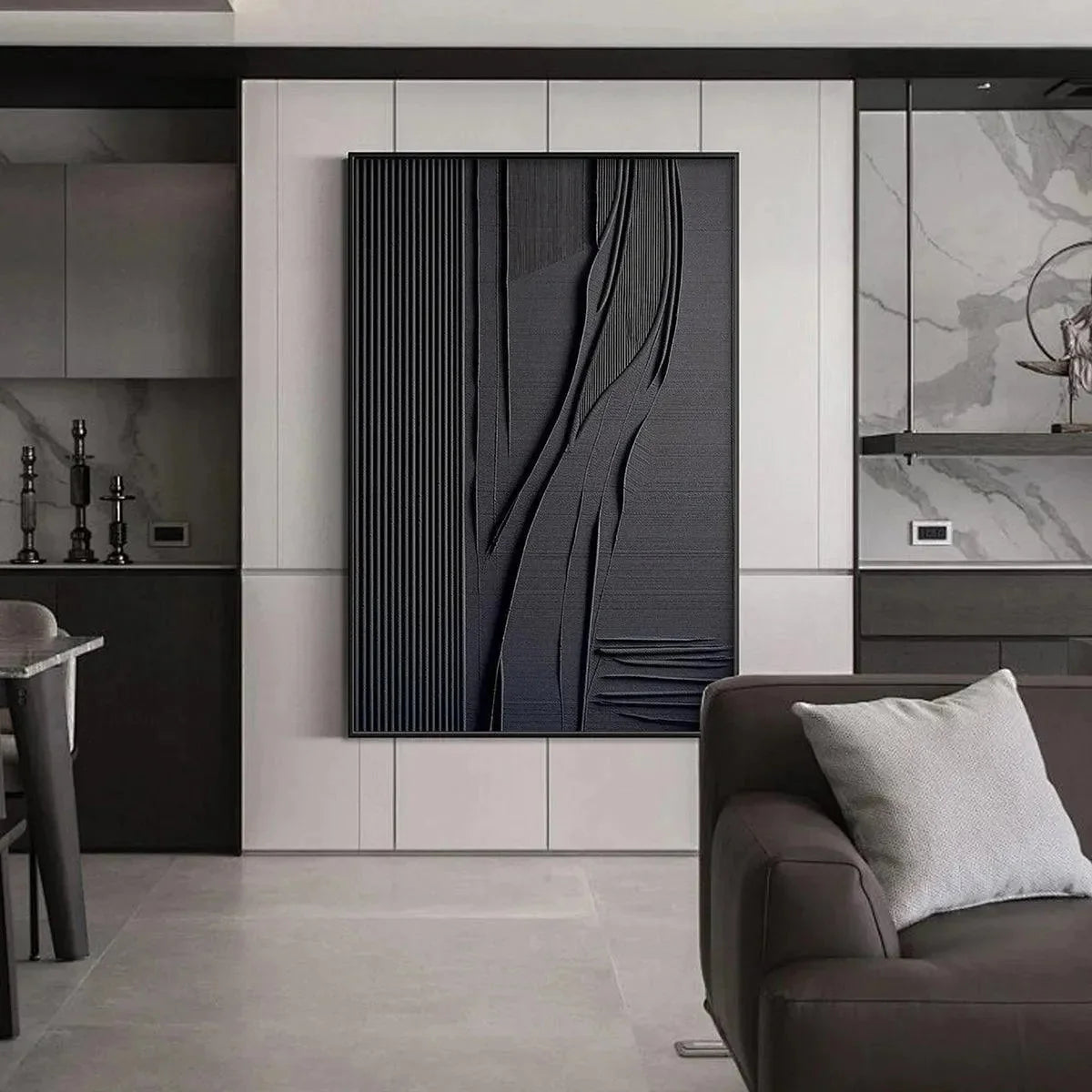 BLACK TEXTURED LINES AND CURVES: Minimalist Textured Painting | black frame version on white wall