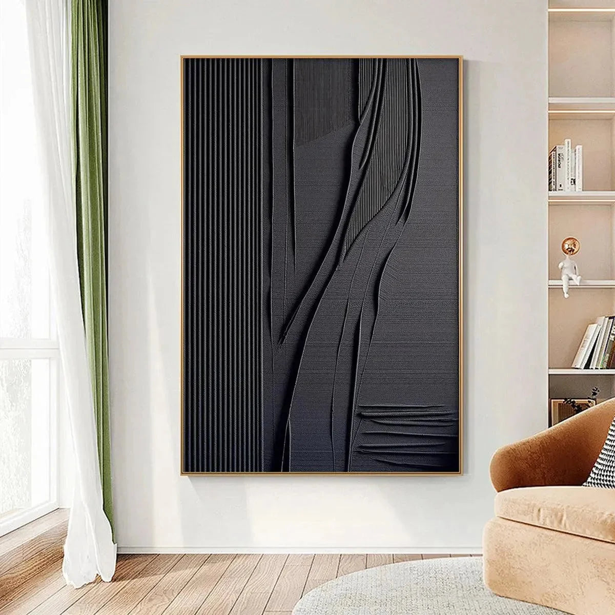 BLACK TEXTURED LINES AND CURVES: Minimalist Textured Painting | beige palette, original office art