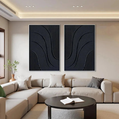 BLACK TEXTURED WAVES DIPTYCH: Textured Abstract Painting Set of 2, Vertical Wall Art | Abstract closeup, raised brushwork detail