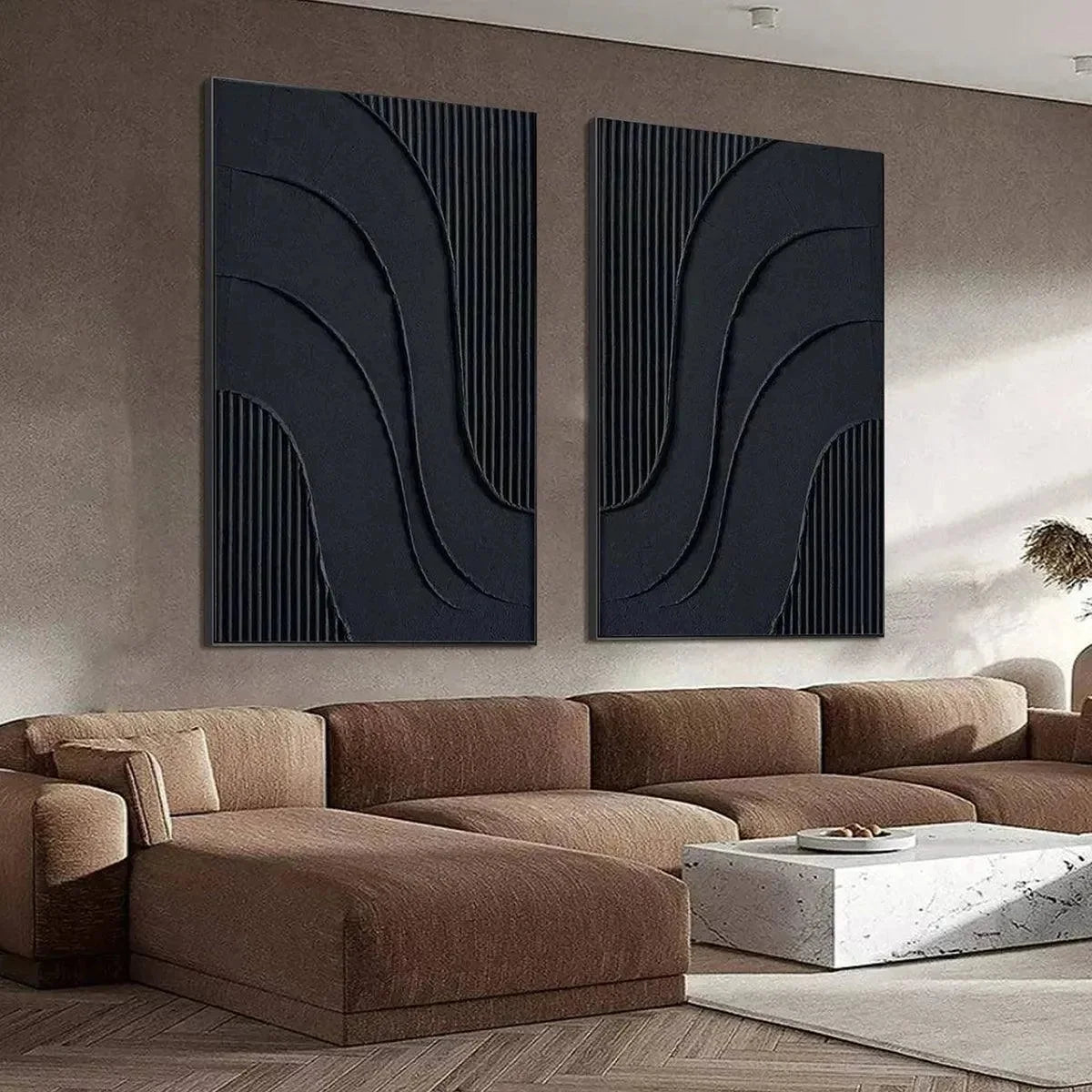 BLACK TEXTURED WAVES DIPTYCH: Textured Abstract Painting Set of 2, Vertical Wall Art | gold frame stretched on neutral wall
