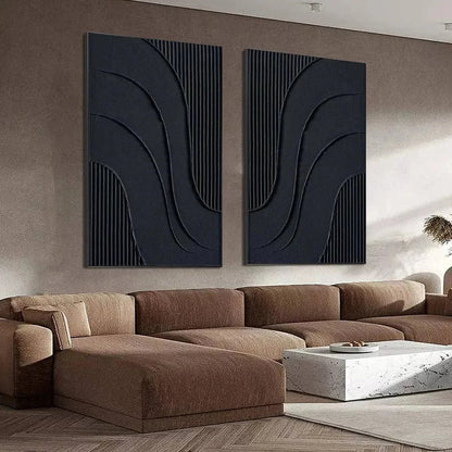 BLACK TEXTURED WAVES DIPTYCH: Textured Abstract Painting Set of 2, Vertical Wall Art | gold frame stretched on neutral wall