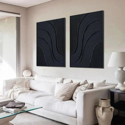BLACK TEXTURED WAVES DIPTYCH: Textured Abstract Painting Set of 2, Vertical Wall Art | rolled canvas, ready for custom framing