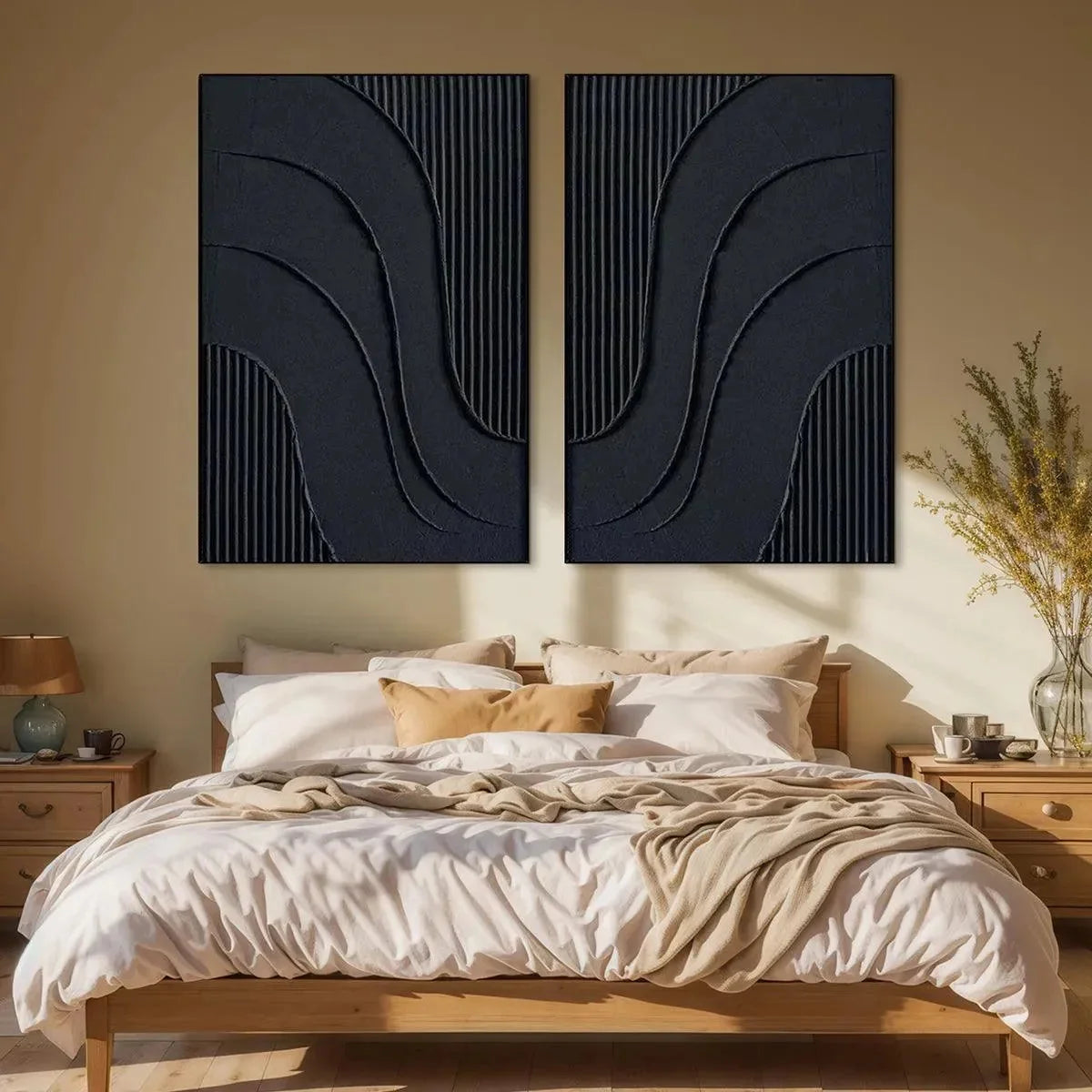 BLACK TEXTURED WAVES DIPTYCH: Textured Abstract Painting Set of 2, Vertical Wall Art | Abstract mood, soft natural light studio shot
