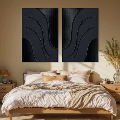BLACK TEXTURED WAVES DIPTYCH: Textured Abstract Painting Set of 2, Vertical Wall Art | Abstract mood, soft natural light studio shot