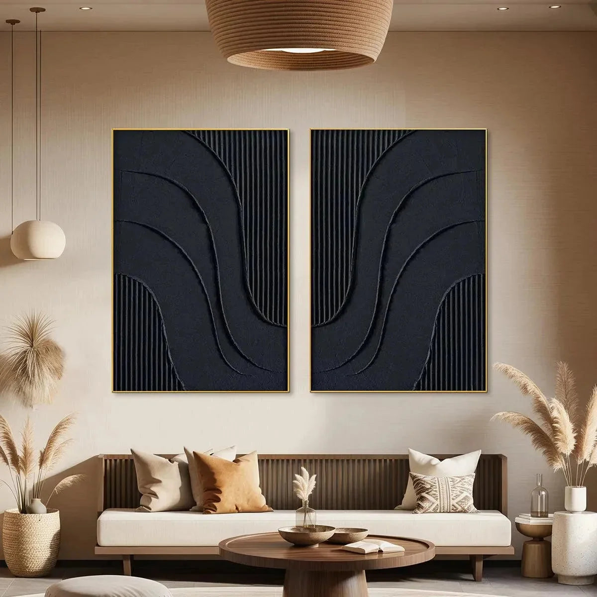 BLACK TEXTURED WAVES DIPTYCH: Textured Abstract Painting Set of 2, Vertical Wall Art | blue palette, original Hand-painted on premium stretched canvas using artist-grade oils; rich layered surface ...