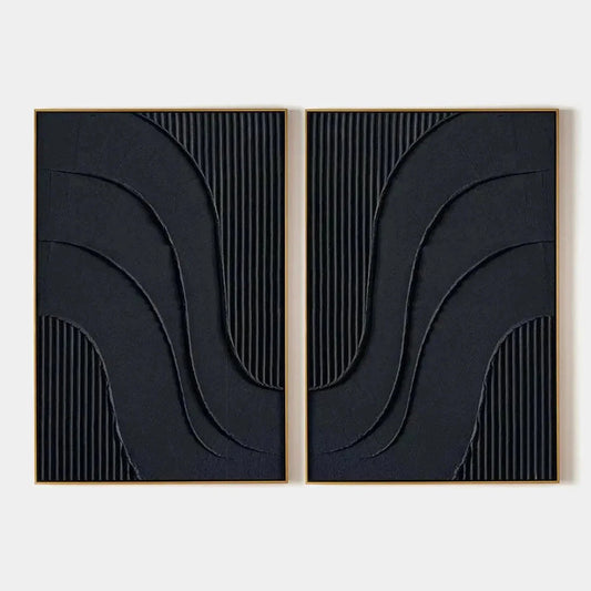 BLACK TEXTURED WAVES DIPTYCH: Textured Abstract Painting Set of 2, Vertical Wall Art | hanging in BLACK TEXTURED WAVES DIPTYCH: Textured Abstract Painting Set of 2, Vertical Wall Art featuring laye...