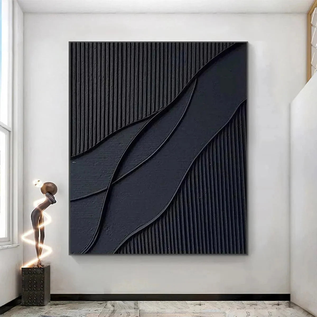 BLACK TEXTURED WAVES: Minimalist Textured Abstract Painting | minimalist textured closeup, raised brushwork detail
