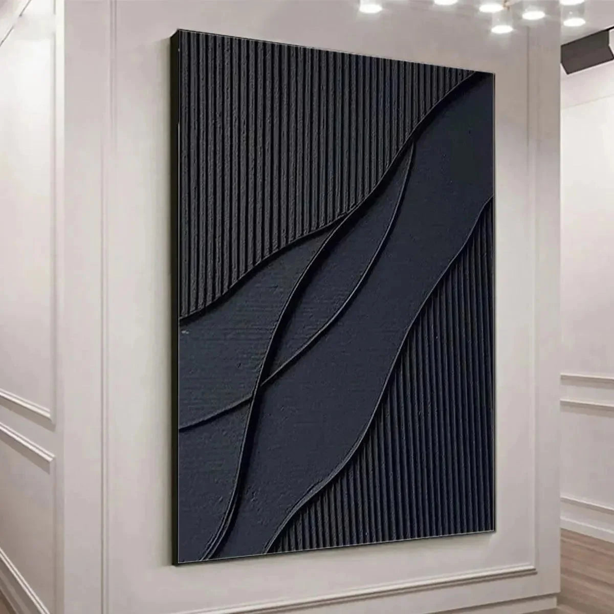 BLACK TEXTURED WAVES: Minimalist Textured Abstract Painting | rectangular format, hand-painted canvas edge