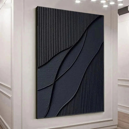 BLACK TEXTURED WAVES: Minimalist Textured Abstract Painting | rectangular format, hand-painted canvas edge