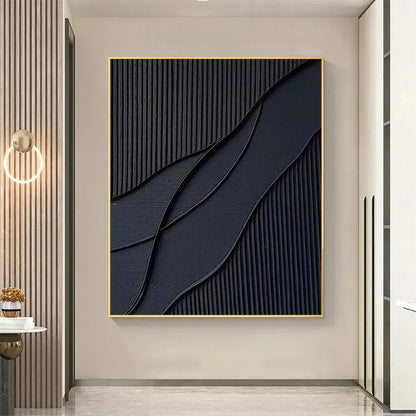 BLACK TEXTURED WAVES: Minimalist Textured Abstract Painting | black frame version on white wall