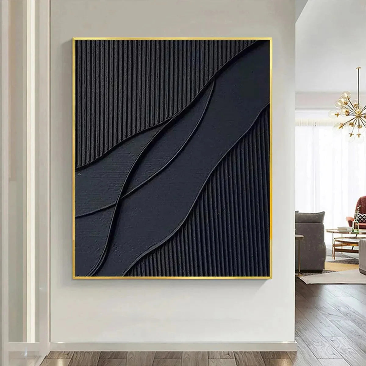 BLACK TEXTURED WAVES: Minimalist Textured Abstract Painting | beige palette, original bedroom art