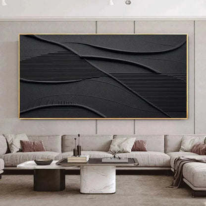 BLACK TEXTURED WAVES: Minimalist Textured Painting | Minimalist closeup, raised brushwork detail
