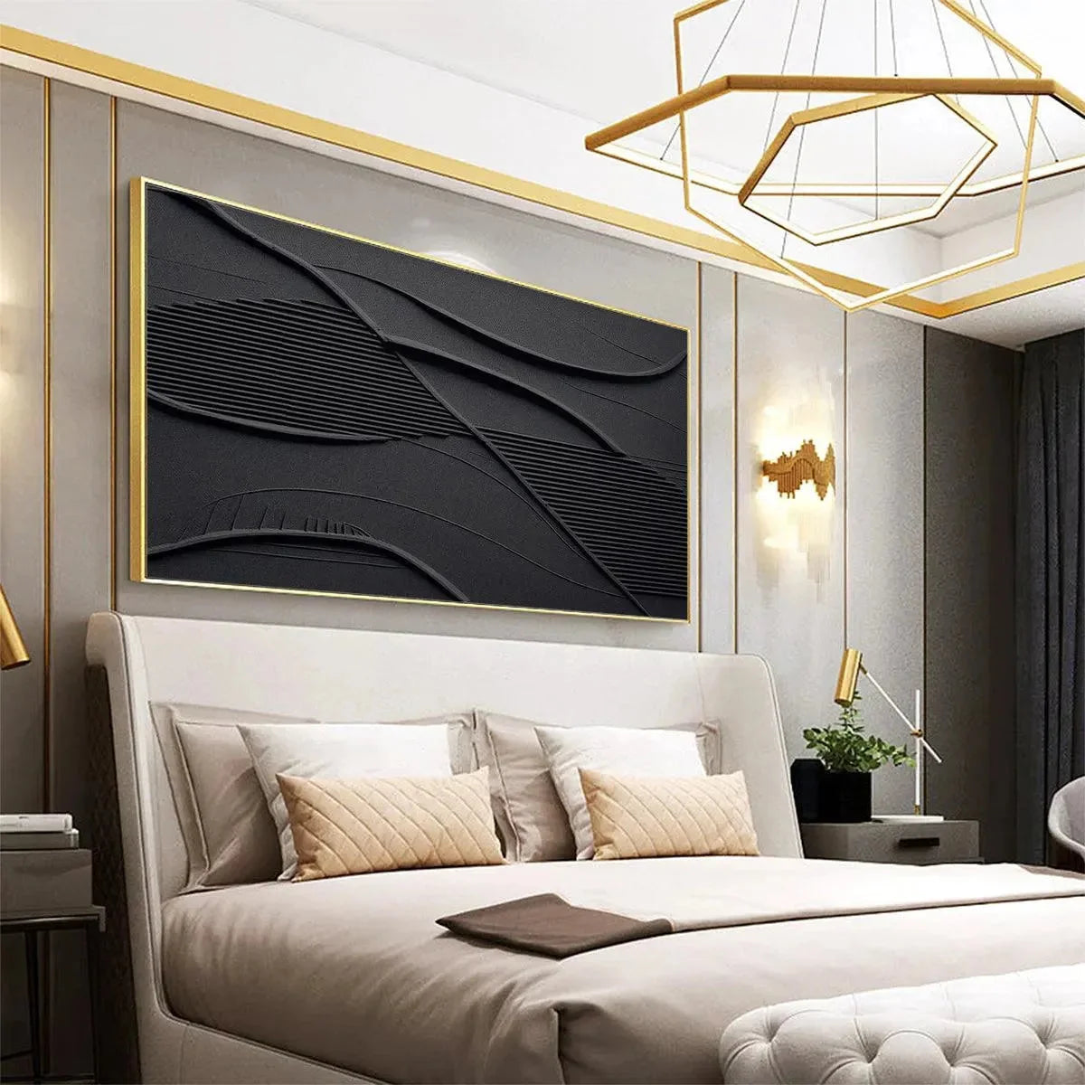BLACK TEXTURED WAVES: Minimalist Textured Painting | gold frame stretched on neutral wall