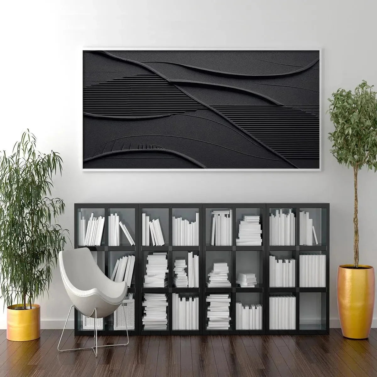 BLACK TEXTURED WAVES: Minimalist Textured Painting | rolled canvas, ready for custom framing