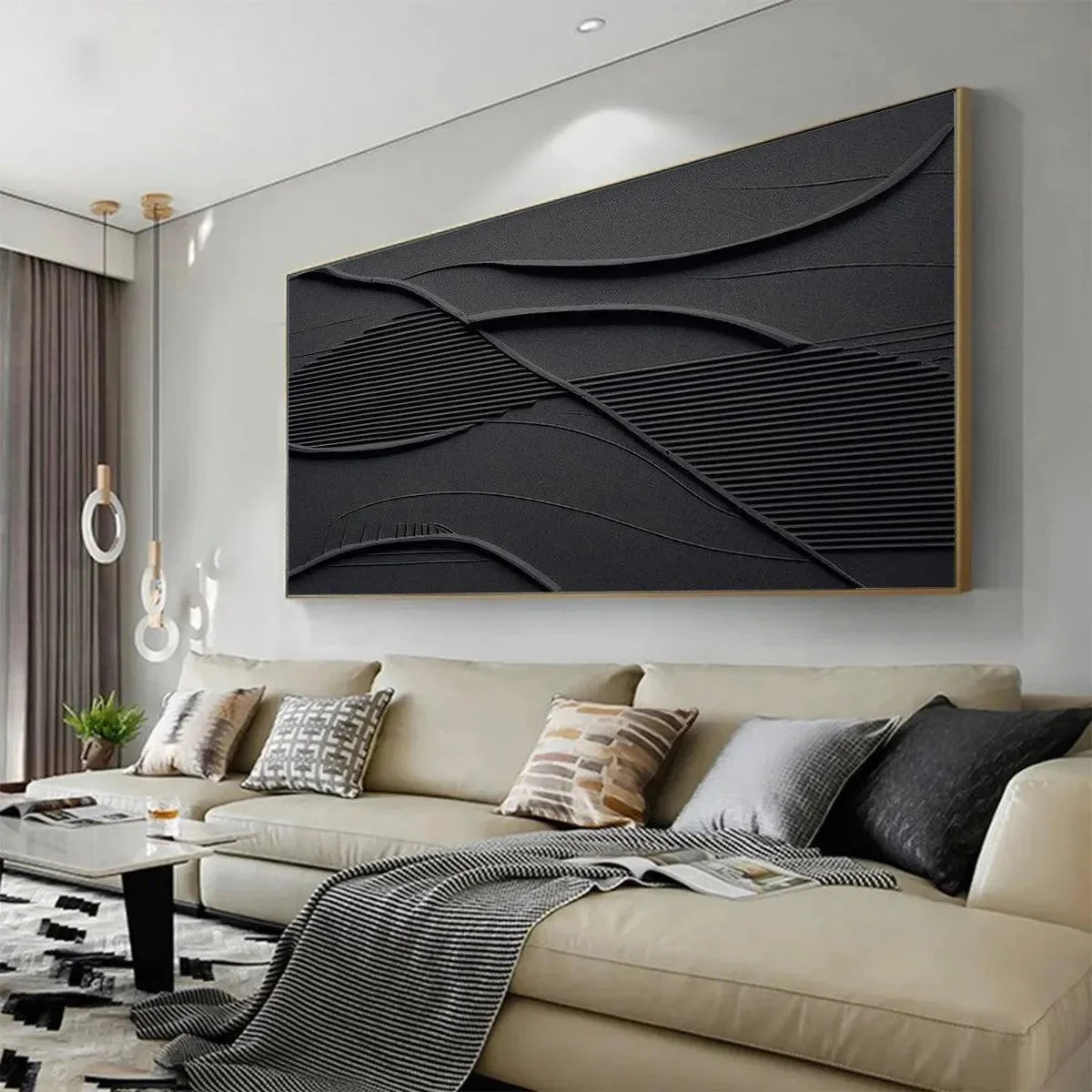 BLACK TEXTURED WAVES: Minimalist Textured Painting | Minimalist mood, soft natural light studio shot