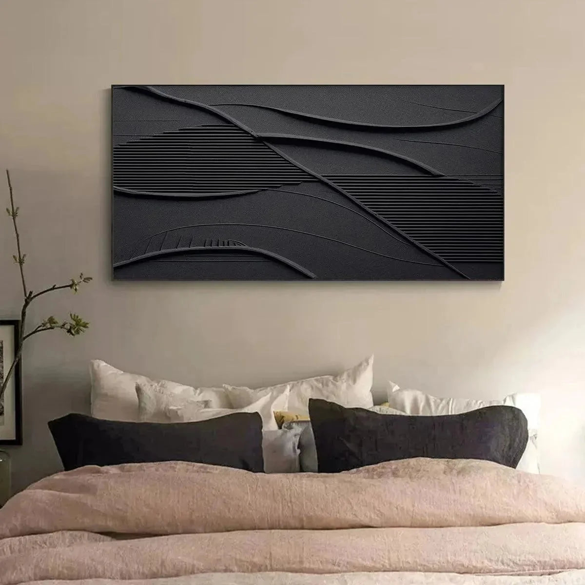 BLACK TEXTURED WAVES: Minimalist Textured Painting | blue palette, original Hand-painted on premium stretched canvas using artist-grade oils; rich layered surface combines smooth gradients with tac...