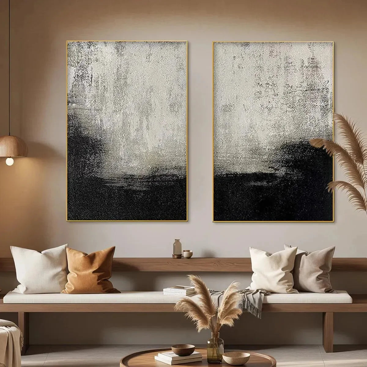 BLACK & WHITE ABSTRACT DIPTYCH: Textured Abstract Painting Set of 2, Vertical Wall Art | Abstract closeup, raised brushwork detail
