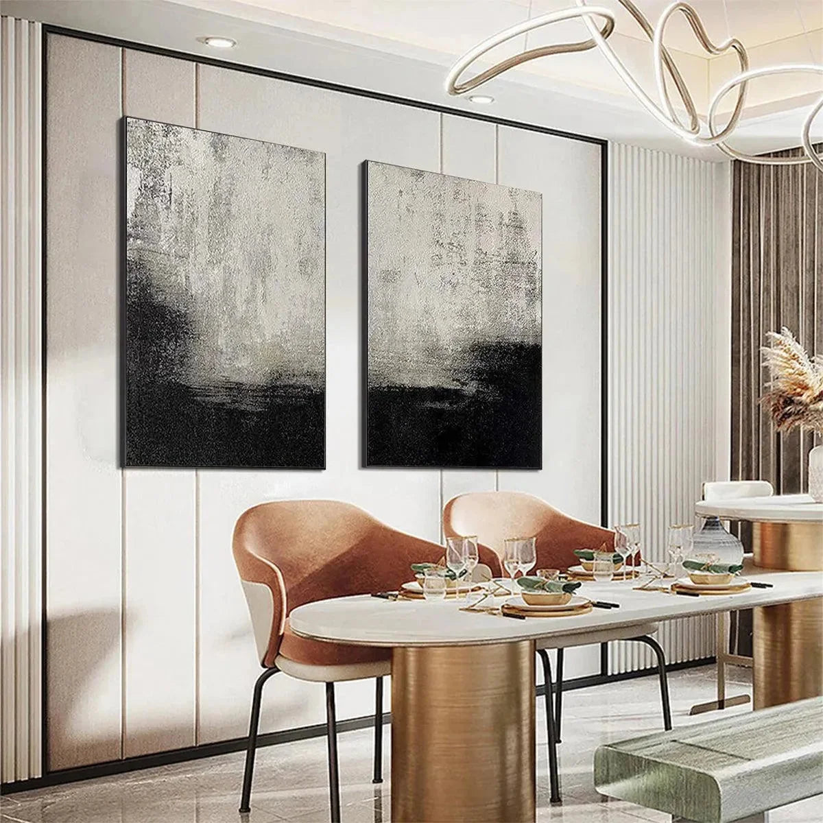 BLACK & WHITE ABSTRACT DIPTYCH: Textured Abstract Painting Set of 2, Vertical Wall Art | rectangular format, hand-painted canvas edge
