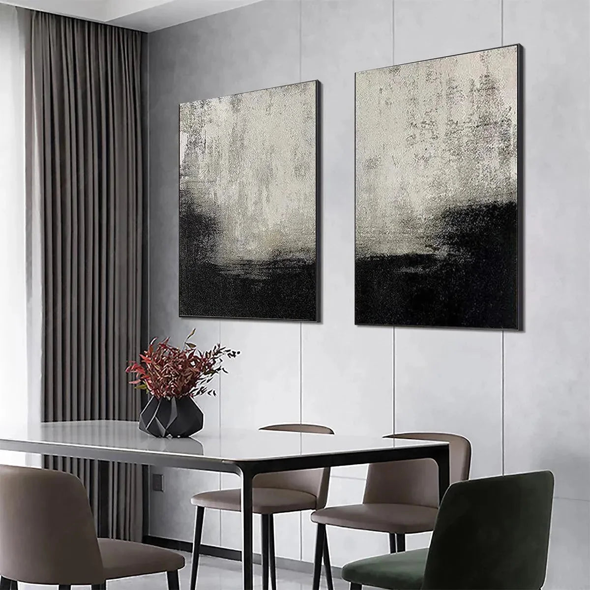 BLACK & WHITE ABSTRACT DIPTYCH: Textured Abstract Painting Set of 2, Vertical Wall Art | rolled canvas, ready for custom framing