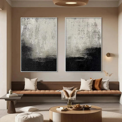 BLACK & WHITE ABSTRACT DIPTYCH: Textured Abstract Painting Set of 2, Vertical Wall Art | black frame version on white wall