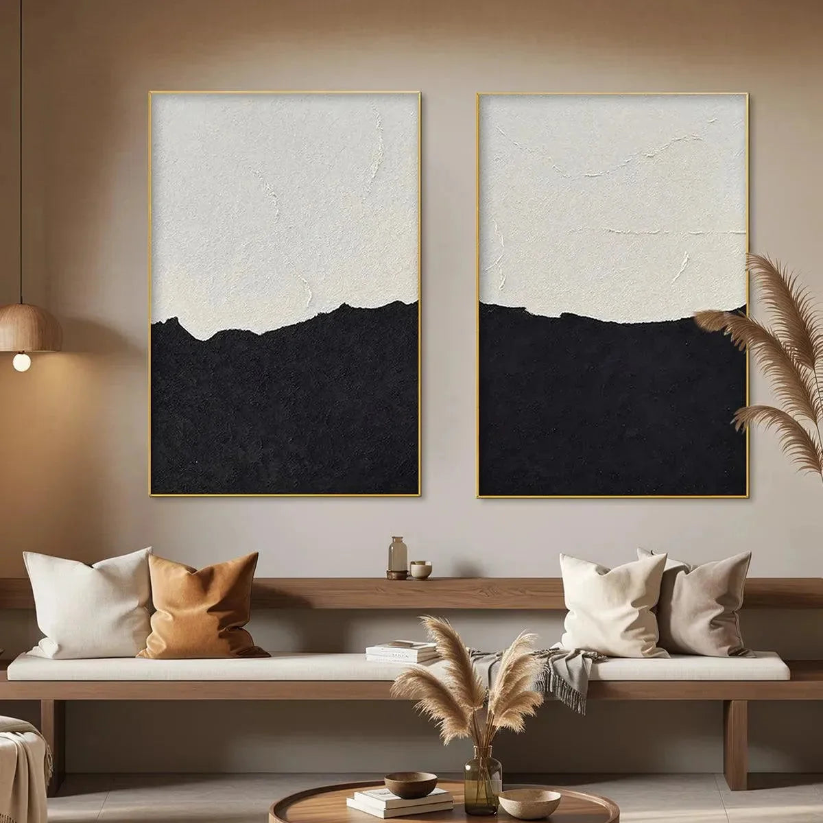 BLACK & WHITE ABSTRACT LANDSCAPE DIPTYCH: Textured Abstract Painting Set of 2, Vertical Wall Art | hanging in Set of 2 vertical black and white abstract landscape oil paintings; textured monochroma...