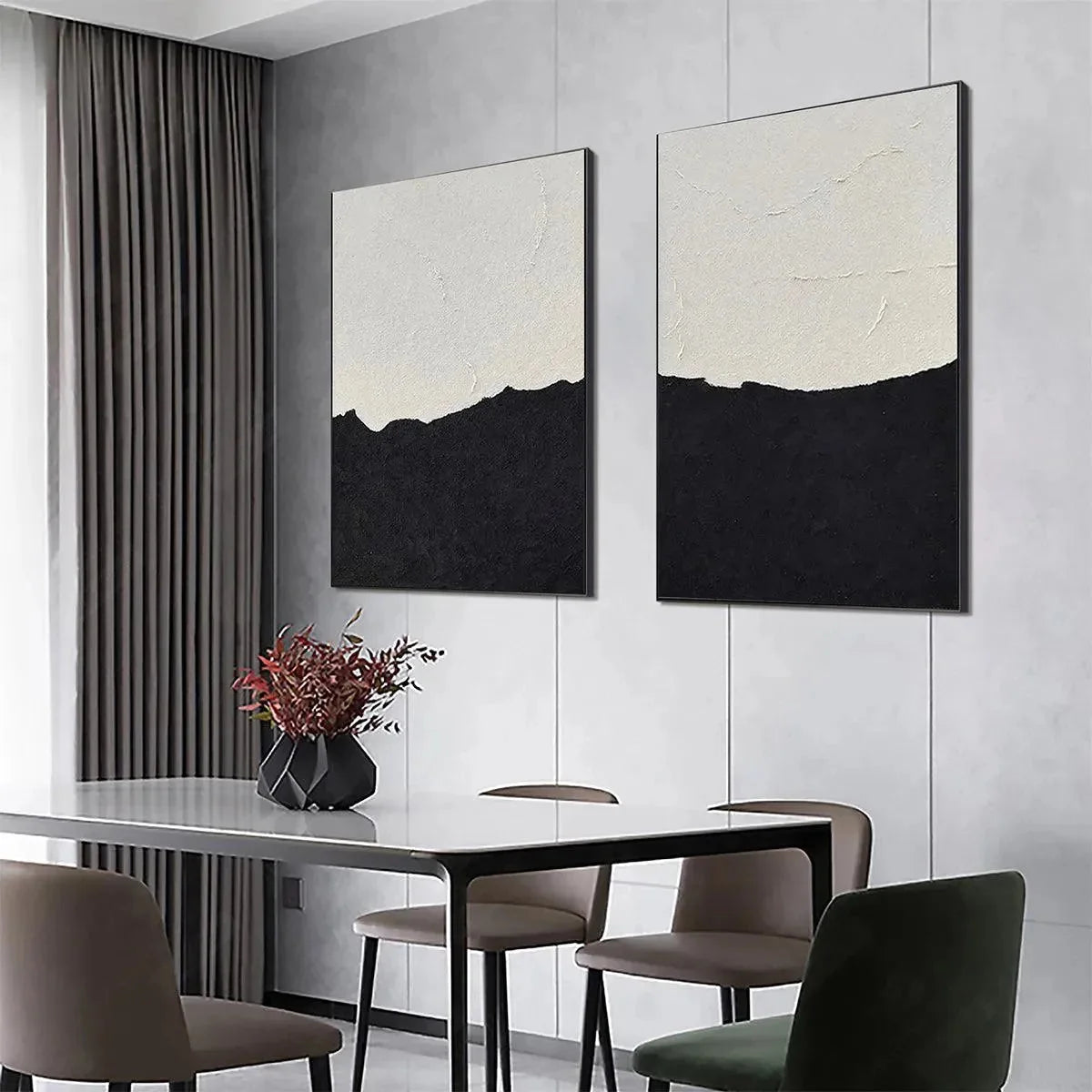 BLACK & WHITE ABSTRACT LANDSCAPE DIPTYCH: Textured Abstract Painting Set of 2, Vertical Wall Art | gold frame stretched on neutral wall