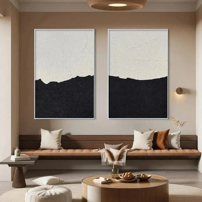 BLACK & WHITE ABSTRACT LANDSCAPE DIPTYCH: Textured Abstract Painting Set of 2, Vertical Wall Art | rolled canvas, ready for custom framing