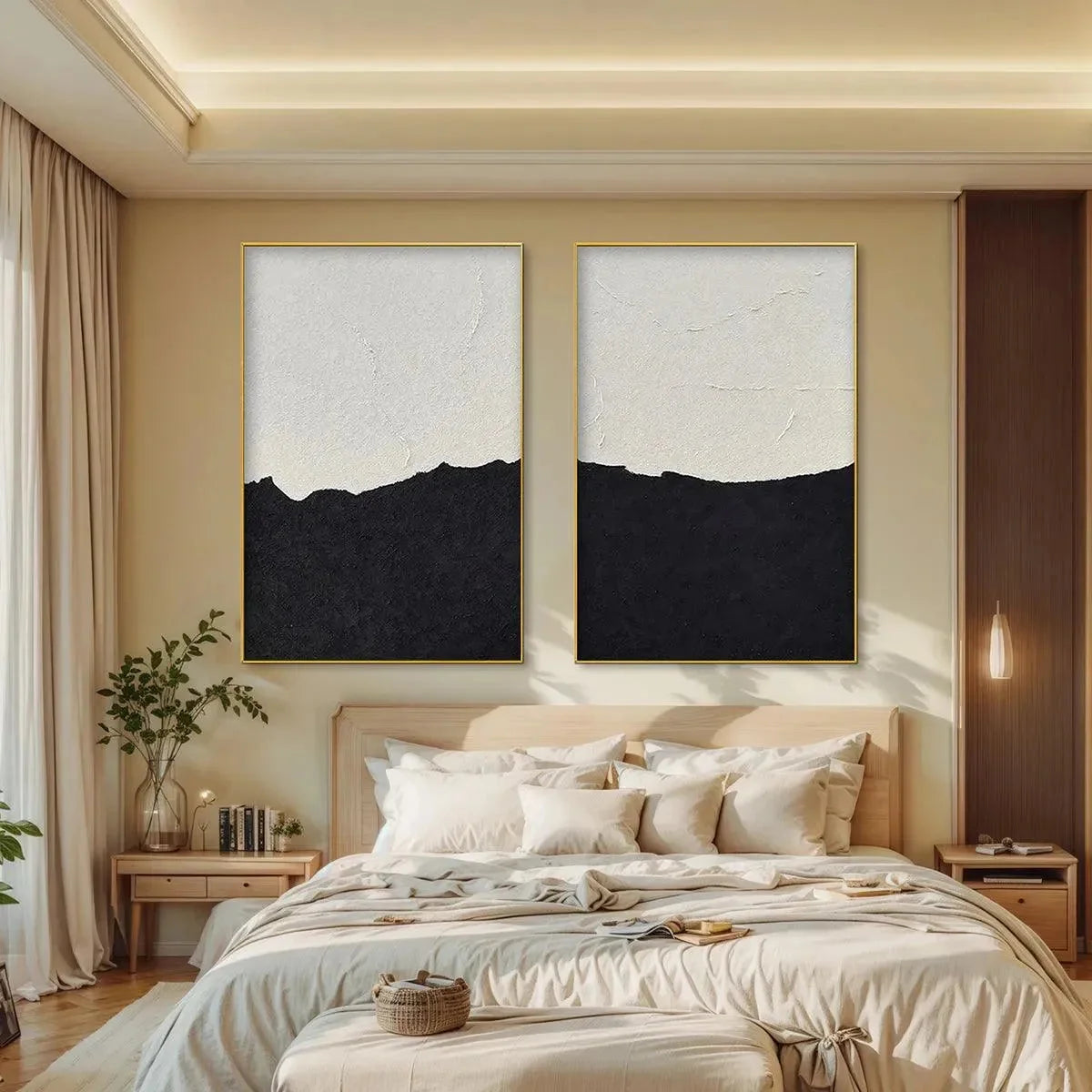 BLACK & WHITE ABSTRACT LANDSCAPE DIPTYCH: Textured Abstract Painting Set of 2, Vertical Wall Art | Abstract mood, soft natural light studio shot