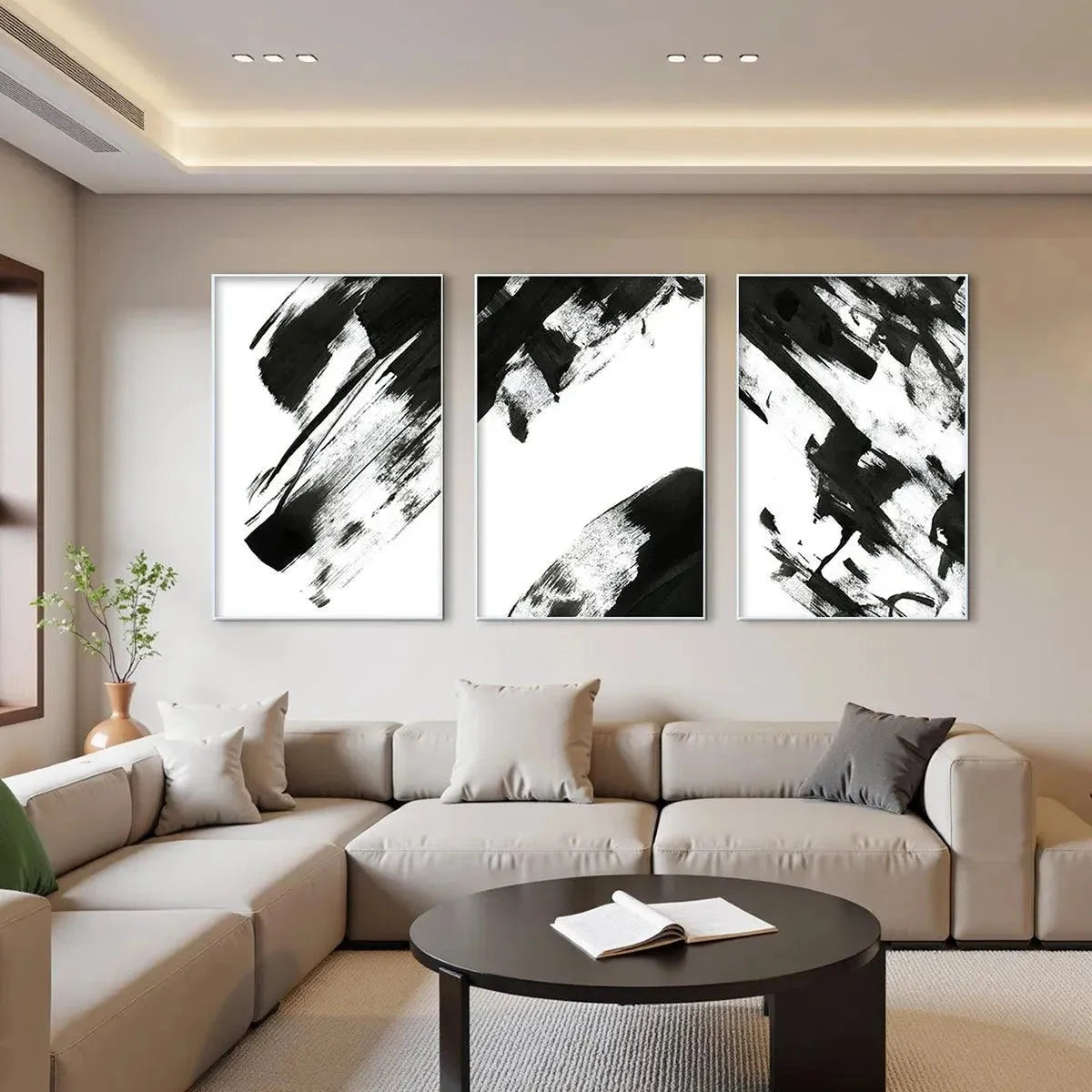 BLACK & WHITE ABSTRACT TRIPTYCH: Abstract Painting Set of 3, Vertical Wall Art | Abstract closeup, raised brushwork detail