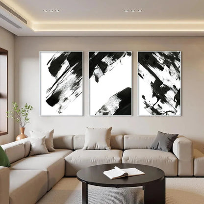 BLACK & WHITE ABSTRACT TRIPTYCH: Abstract Painting Set of 3, Vertical Wall Art | Abstract closeup, raised brushwork detail