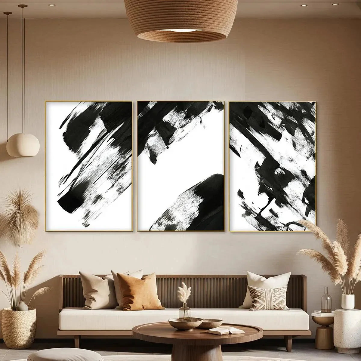 BLACK & WHITE ABSTRACT TRIPTYCH: Abstract Painting Set of 3, Vertical Wall Art | gold frame stretched on neutral wall