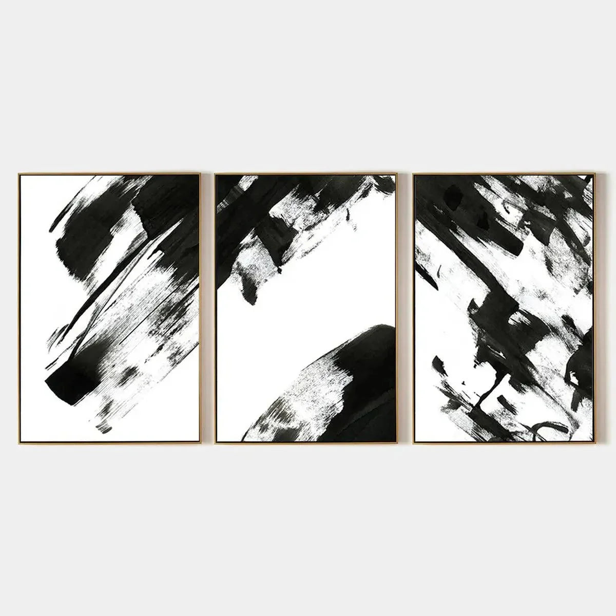BLACK & WHITE ABSTRACT TRIPTYCH: Abstract Painting Set of 3, Vertical Wall Art | hanging in Set of 3 vertical black and white abstract oil paintings; refined triptych composition with bold monochro...