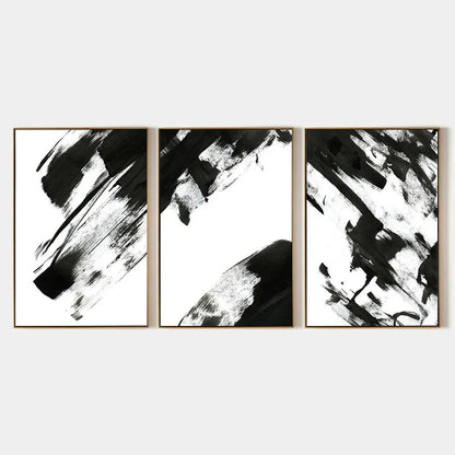 BLACK & WHITE ABSTRACT TRIPTYCH: Abstract Painting Set of 3, Vertical Wall Art | hanging in Set of 3 vertical black and white abstract oil paintings; refined triptych composition with bold monochro...